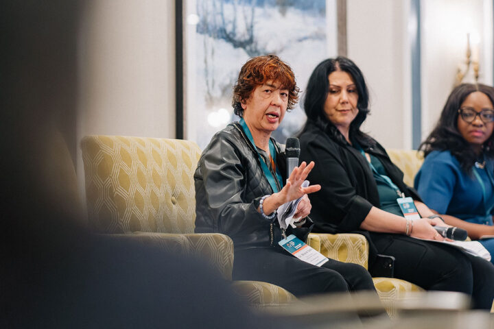 Barathi Sethi gestures while speaking on the double duty caregivers panel