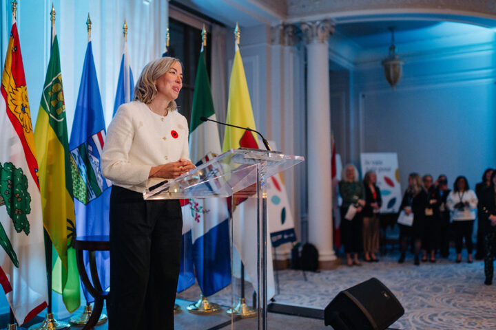 MP Leslie Church speaks on stage at the parliamentary reception, with hanging flags in the background.